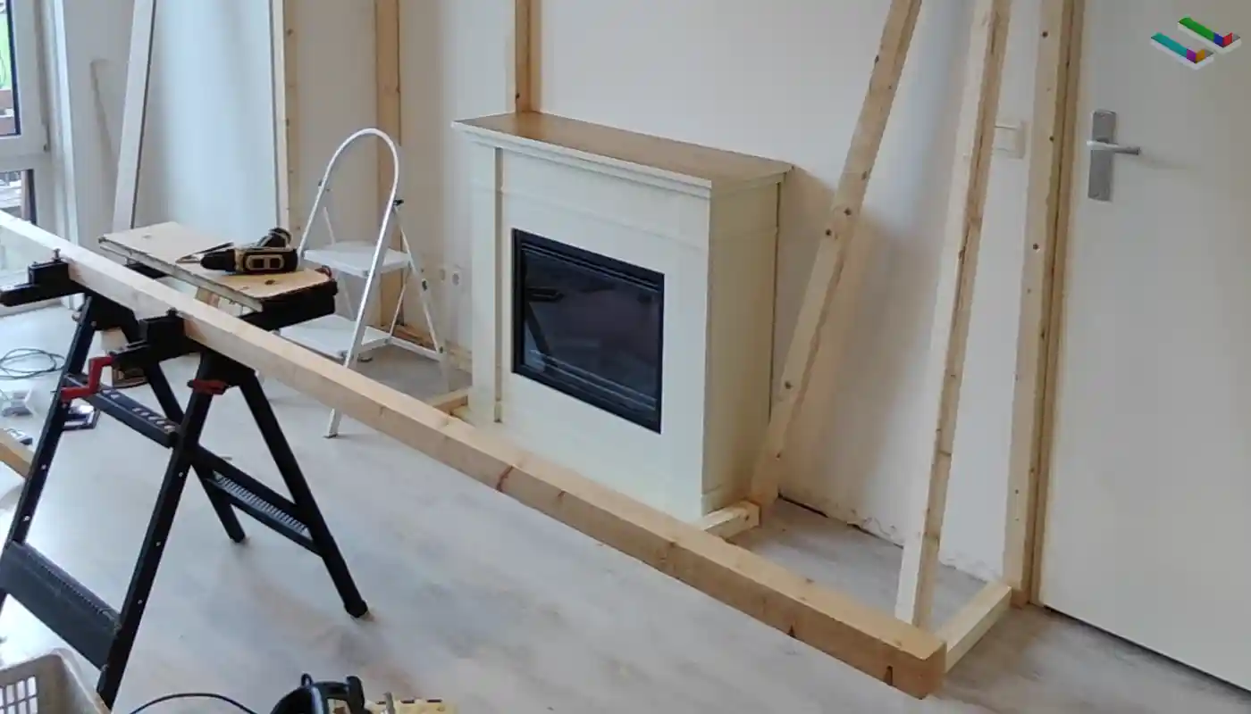 A 3D Render of the CInewall project. Only the frame, TV and fireplace are visible.