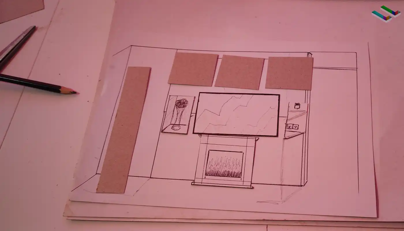A 3D Render of the CInewall project. Only the frame, TV and fireplace are visible.